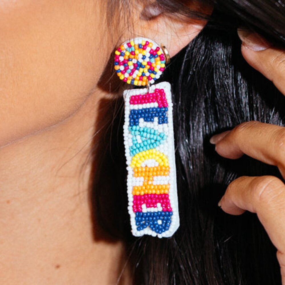 White TEACHER Rice Bead Dangle Earrings